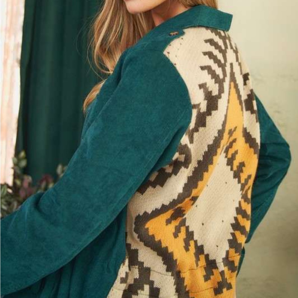 Davi & Dani Kendra Corduroy Shacket Jacquard Sweater Knit Back. Size Small. NWOT - Picture 6 of 11